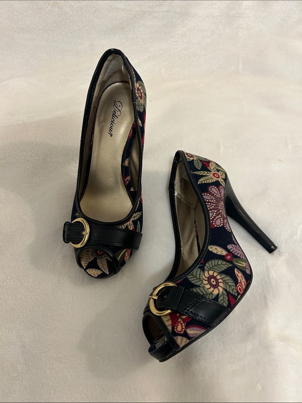 Delicious Black Floral Peep-Toe Heels with Gold Buckle Accent